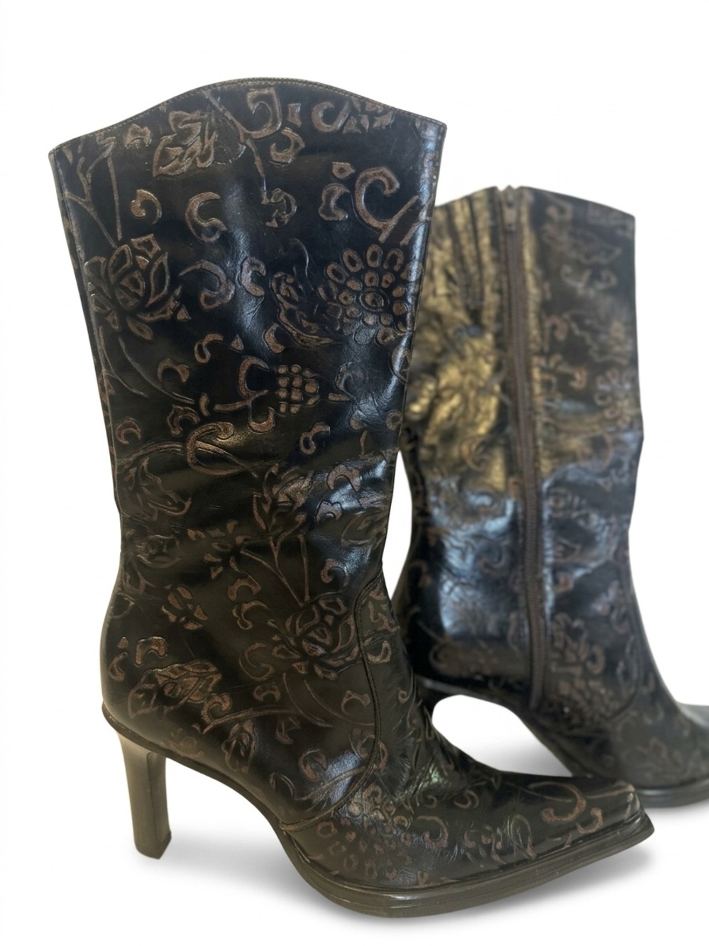 Vintage Nine West Molasses Floral Embossed Leather Boots Women's Size 8M